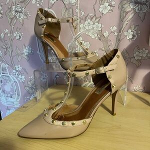 Halogen nude patent shoes with gold studs